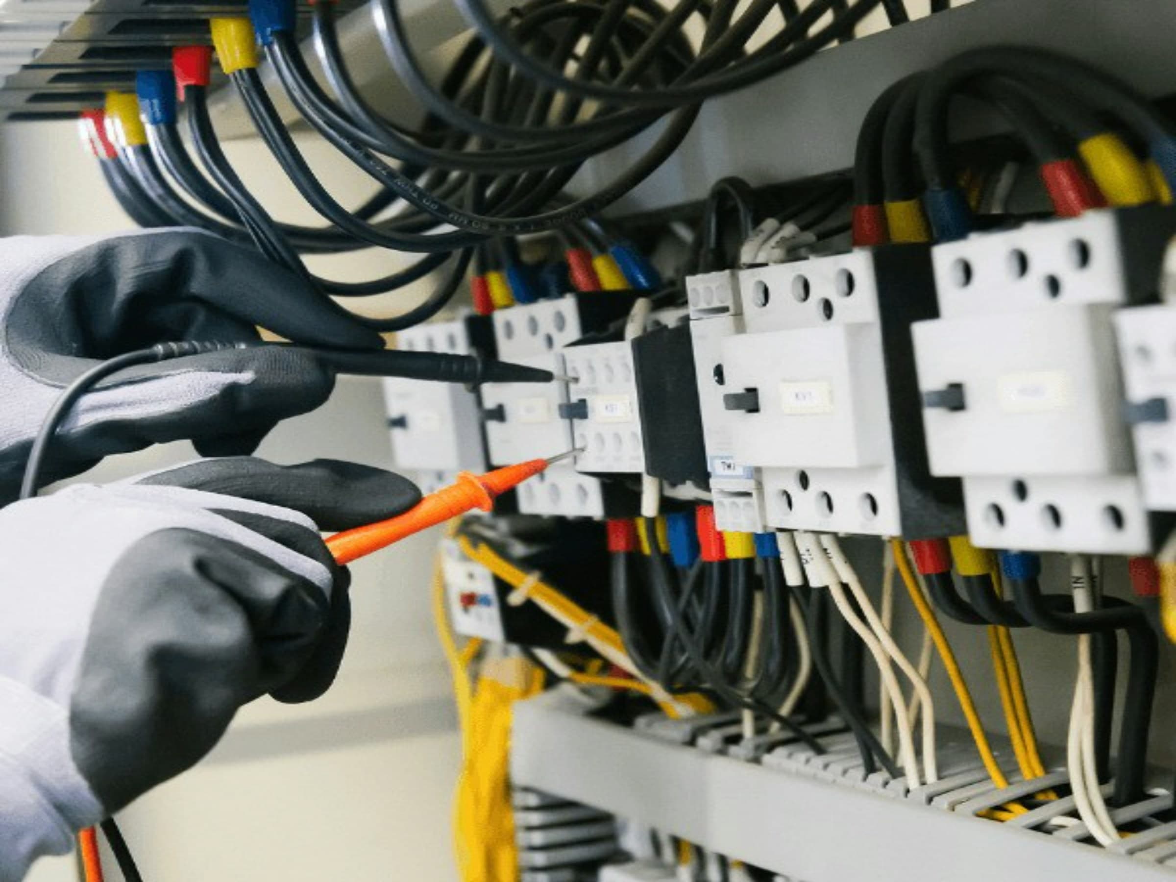 Gloved hands testing wiring connections in an industrial control panel with a multimeter