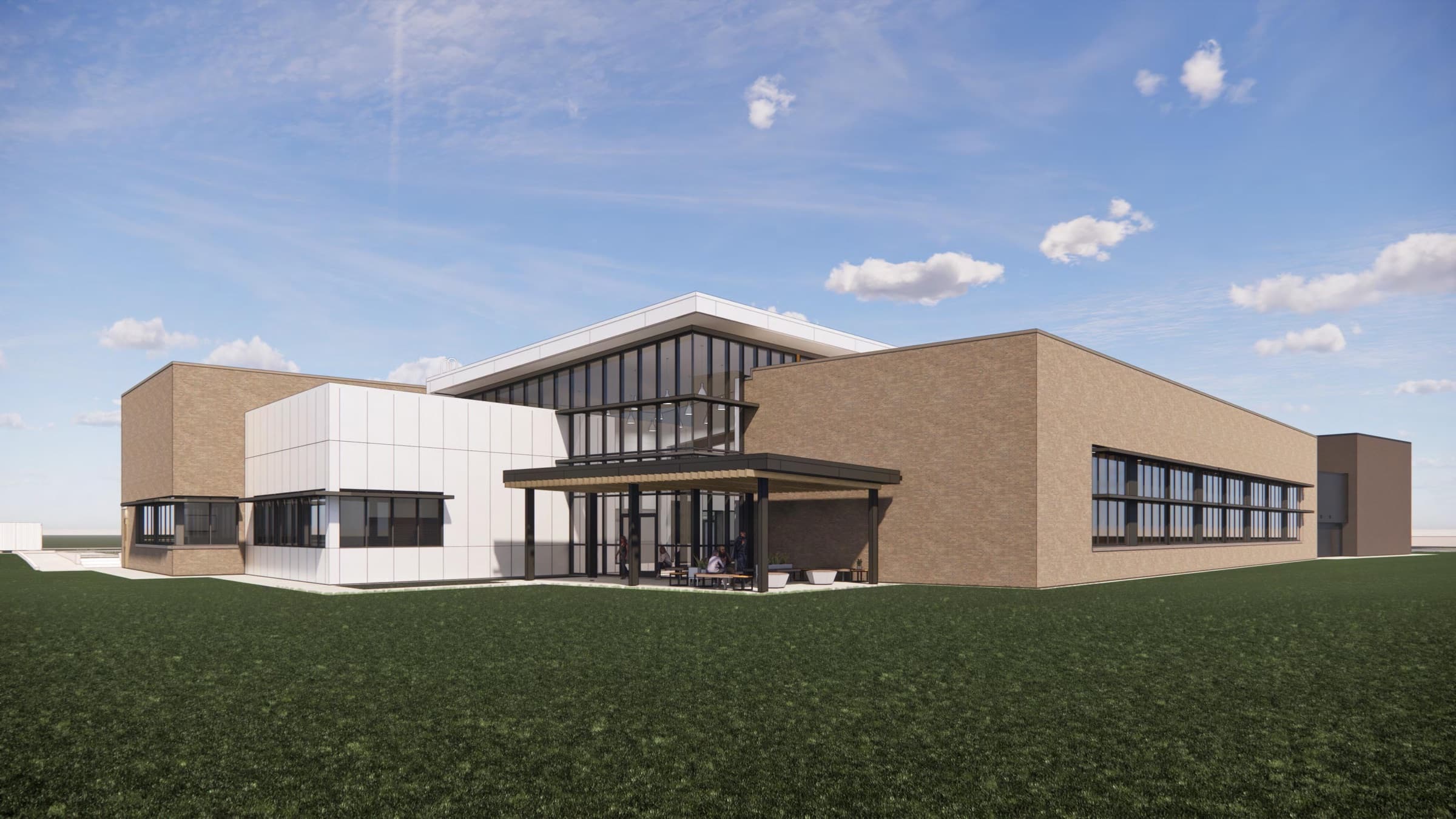 Architectural rendering of the GTCIO building: a single-storey brick and white-panel facility with a two-storey glass entrance atrium