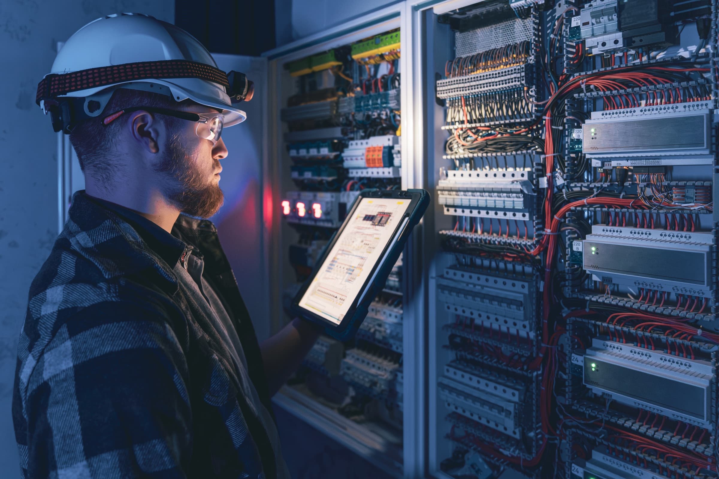 Technician reviewing diagnostics on a tablet at an electrical control panel