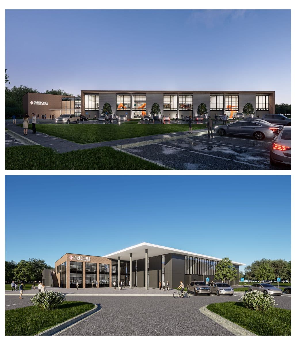 Architectural rendering of the planned Industrial Systems & Industrial Robotics Training Center exterior.